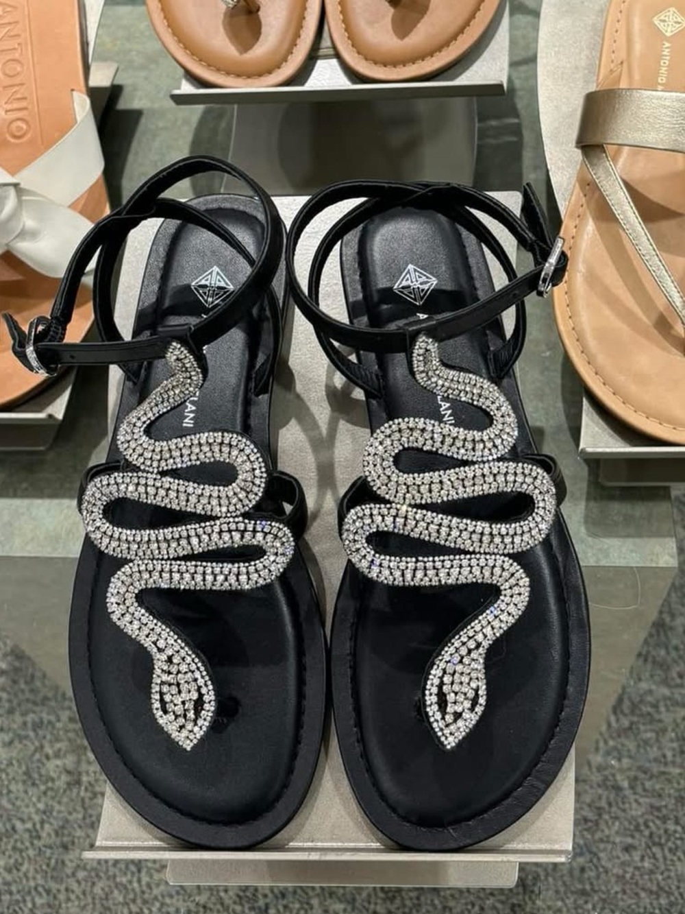 ANTONIO MELANI Black Rhinestone Snake T-Strap Sandals